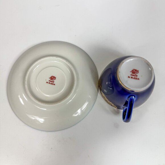 Lomonosov Imperial Porcelain LFZ Cobalt Blue Gold Floral Trim Cup & Saucer - Picture 8 of 8